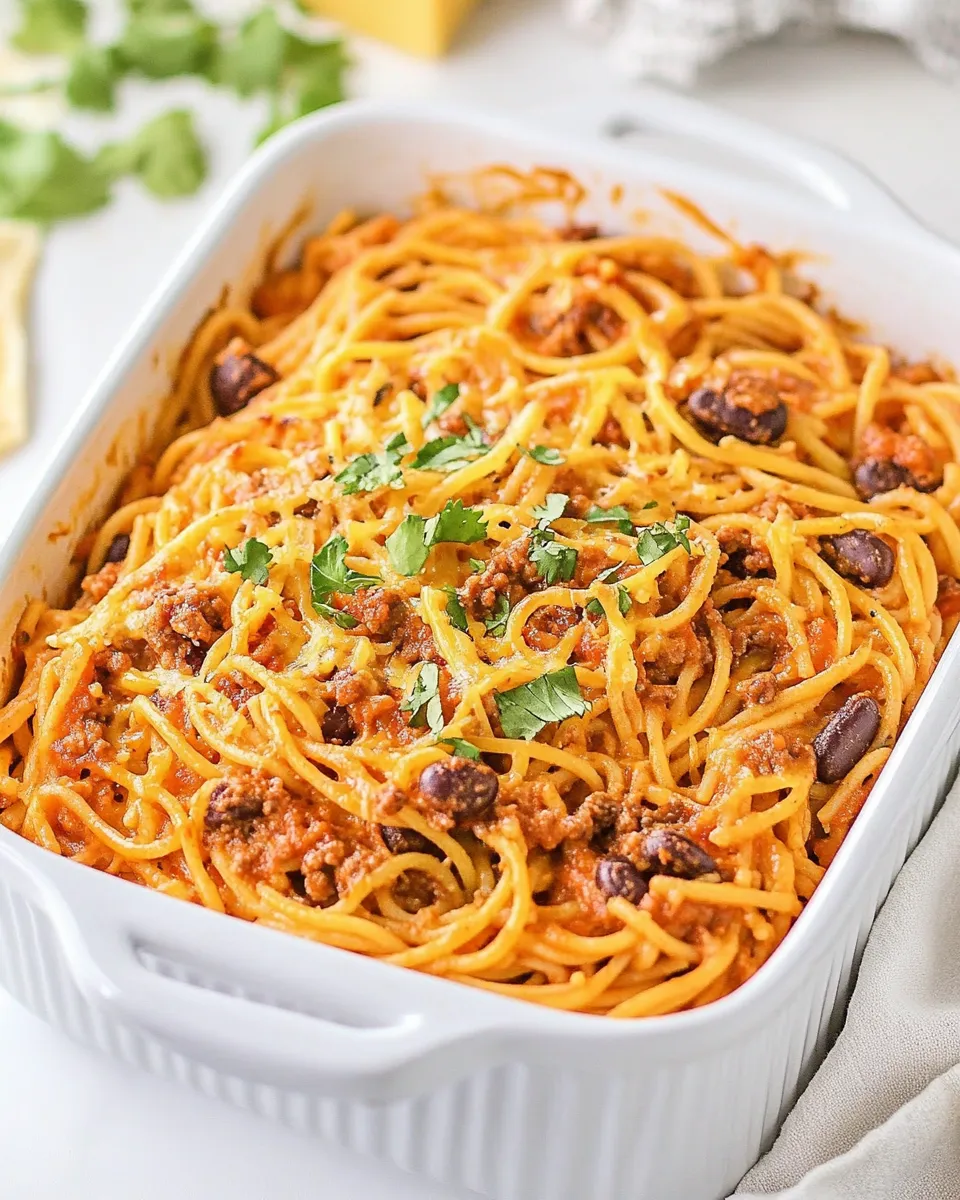 Tasty Easy Cheesy Taco Spaghetti Casserole shot