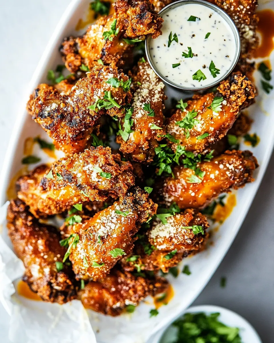 Simple Easy Garlic Parmesan Buffalo Chicken Wings. food shot