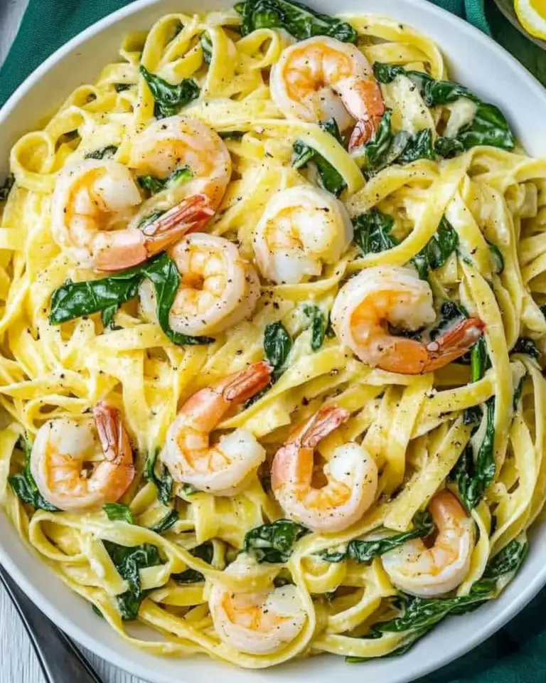 Homemade Fettuccine with Shrimp and Spinach photo