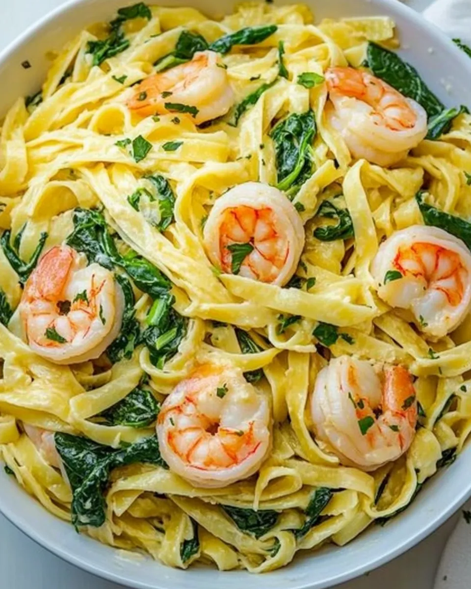 Delicious Fettuccine with Shrimp and Spinach shot