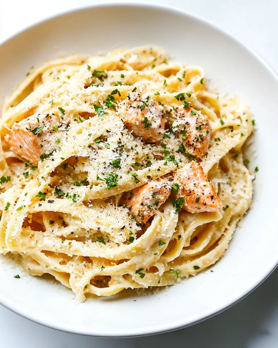 Delicious Garlic Butter Salmon Pasta food shot