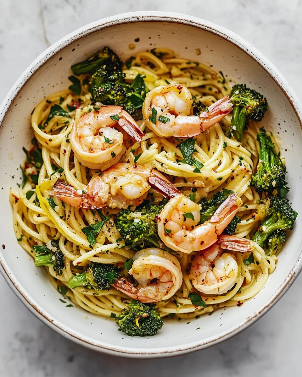 Fresh Garlic Sauce Bucatini with Roasted Shrimp and Broccoli. recipe image