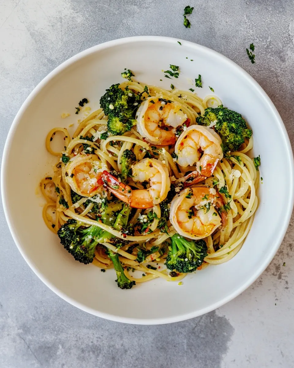 Savory Garlic Sauce Bucatini with Roasted Shrimp and Broccoli. image