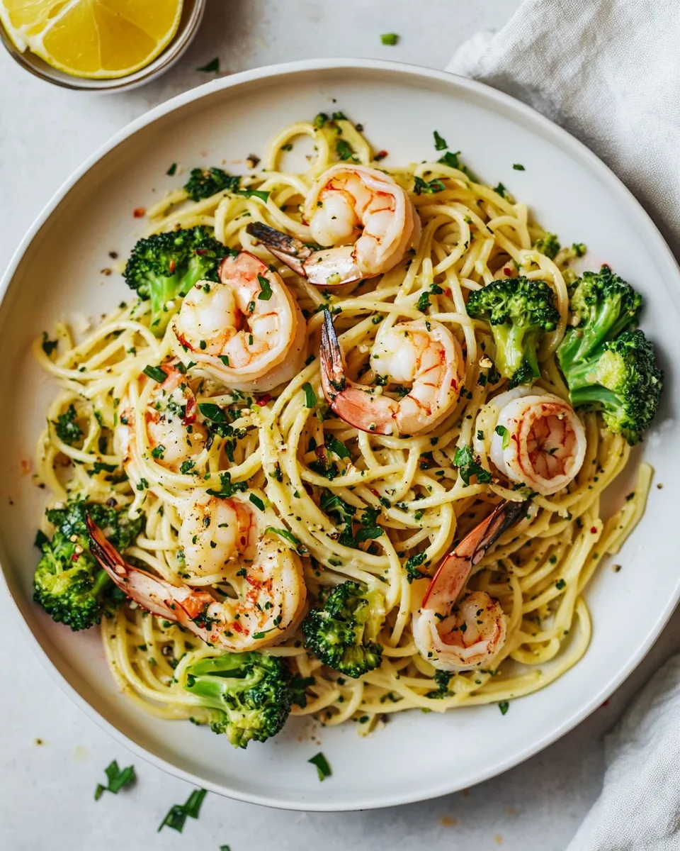 Ultimate Garlic Sauce Bucatini with Roasted Shrimp and Broccoli. recipe image
