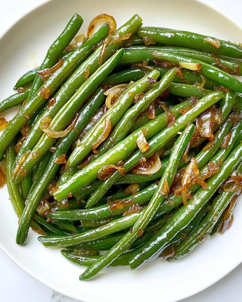 Delicious Garlicky Green Beans with Caramelized Shallots food shot