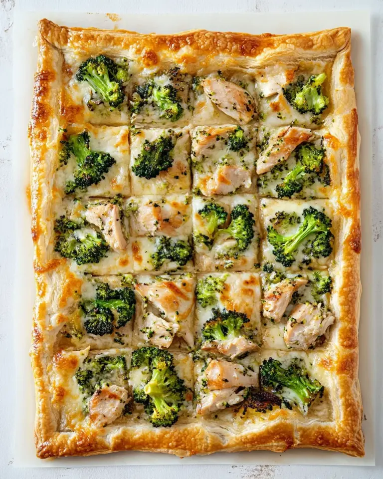 Delicious Garlicky Grilled Chicken and Broccoli Puff Pastry Pizza. food shot
