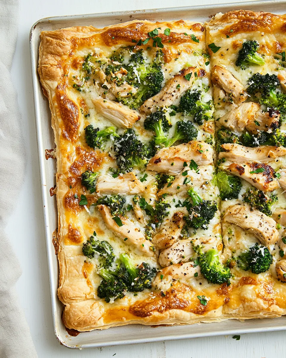 Easy Garlicky Grilled Chicken and Broccoli Puff Pastry Pizza. recipe photo