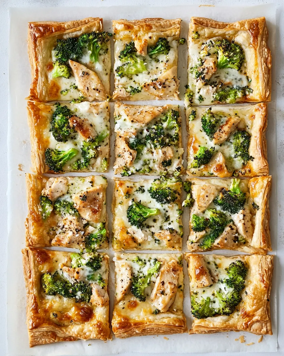 Homemade Garlicky Grilled Chicken and Broccoli Puff Pastry Pizza. dish photo