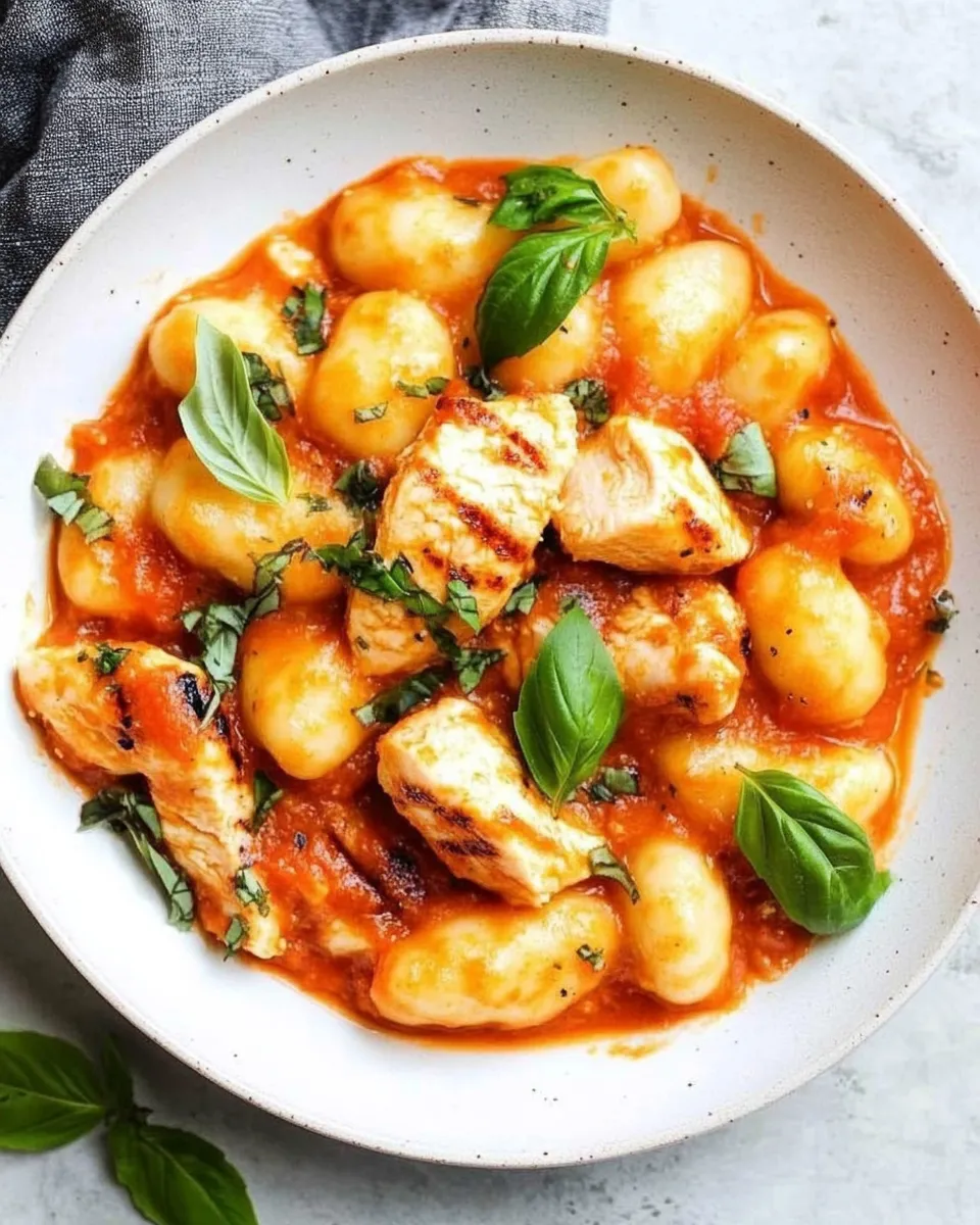 Homemade Gnocchi with Grilled Chicken in Roasted Red Pepper Sauce recipe photo