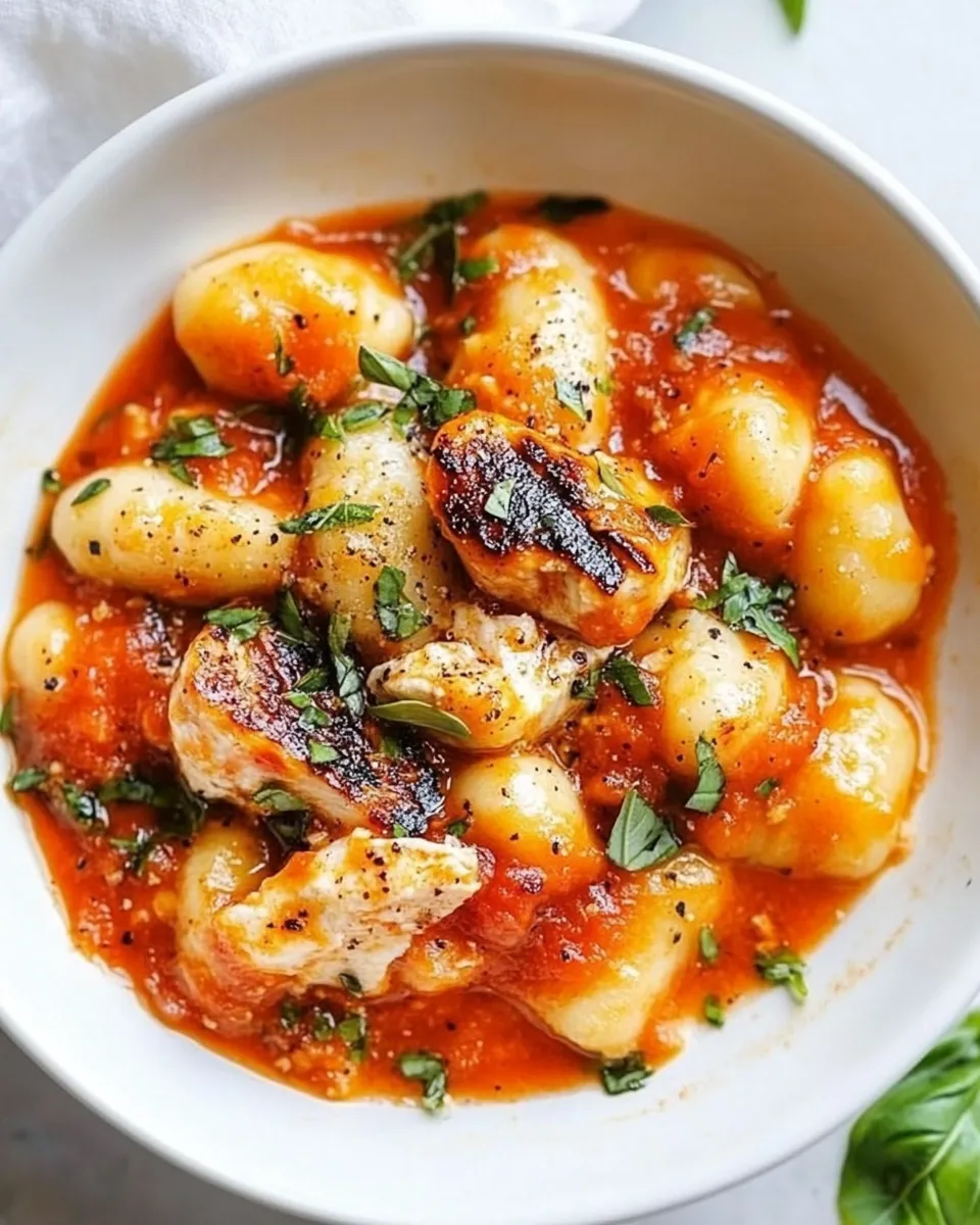 Savory Gnocchi with Grilled Chicken in Roasted Red Pepper Sauce shot