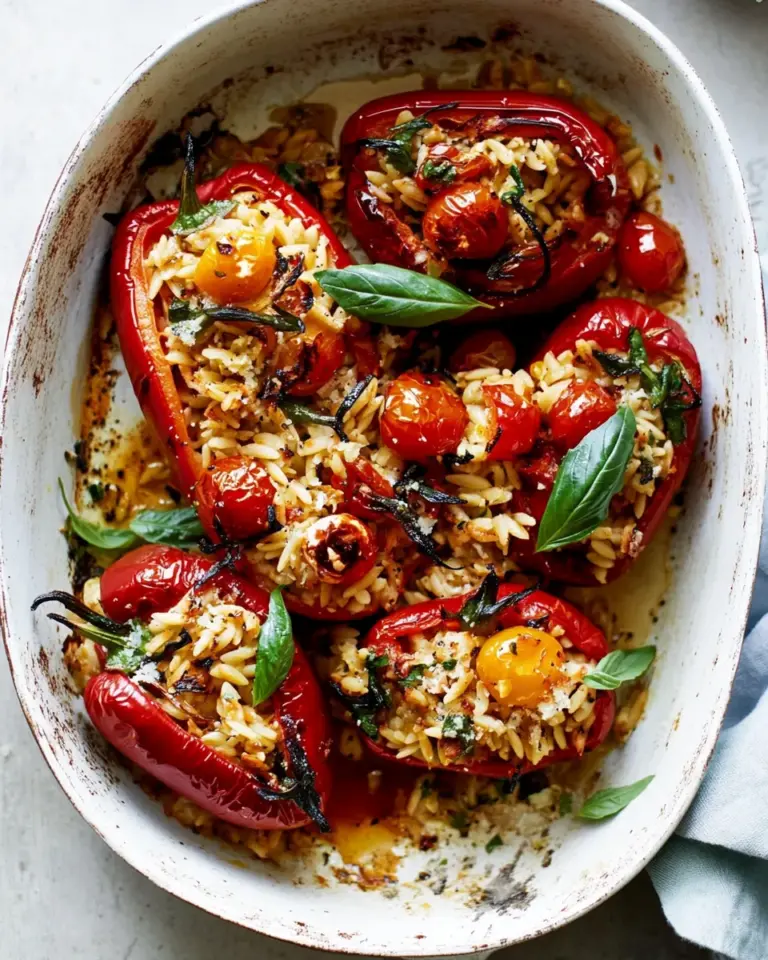 Sweet Greek Orzo Stuffed Red Peppers with Lemony Basil Tomatoes. recipe image