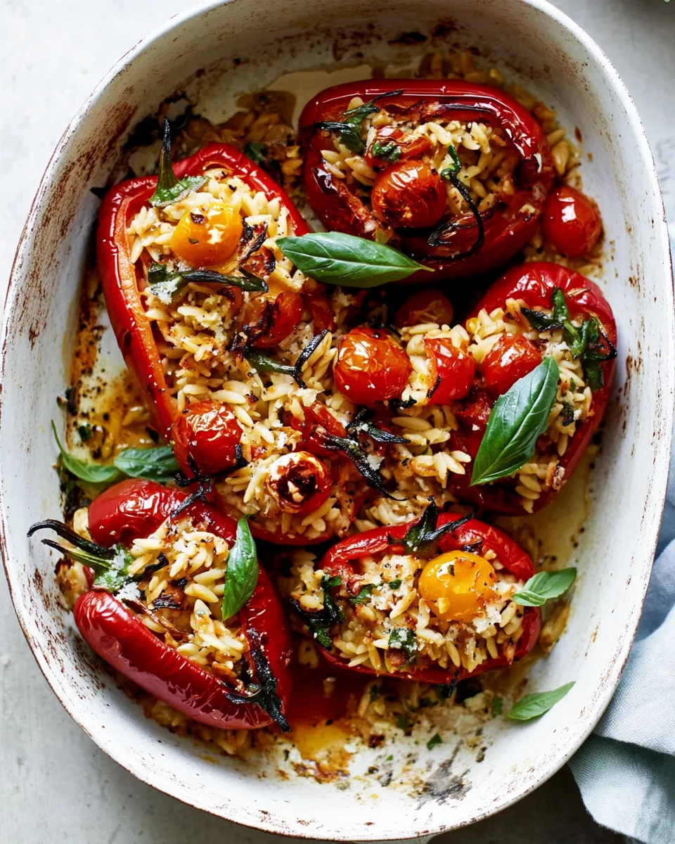 Sweet Greek Orzo Stuffed Red Peppers with Lemony Basil Tomatoes. recipe image