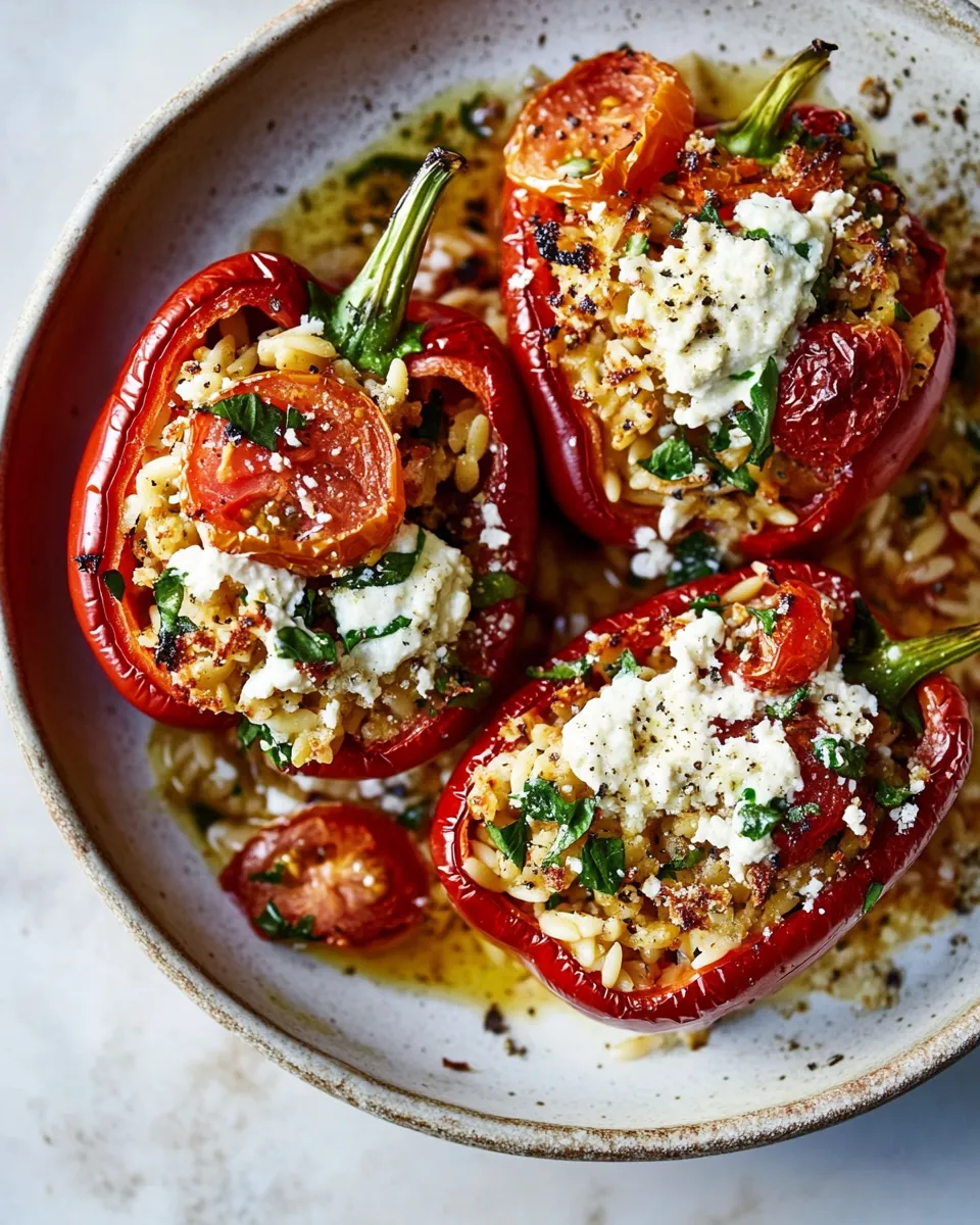 Easy Greek Orzo Stuffed Red Peppers with Lemony Basil Tomatoes. photo