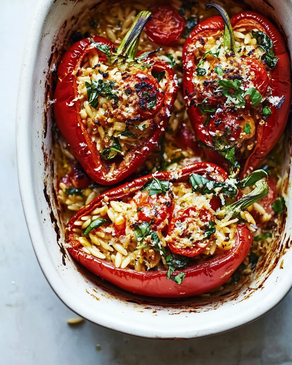Savory Greek Orzo Stuffed Red Peppers with Lemony Basil Tomatoes. food shot