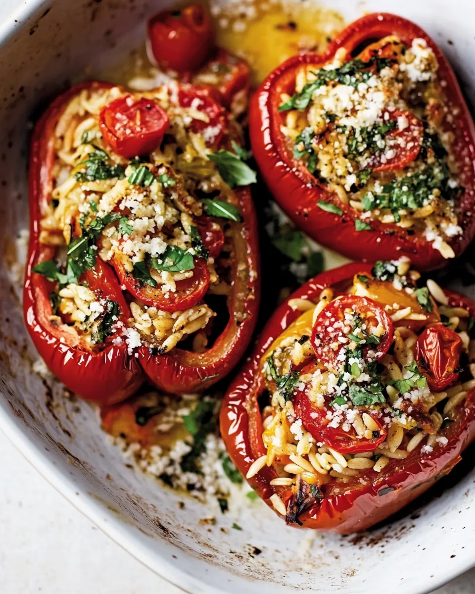 Delicious Greek Orzo Stuffed Red Peppers with Lemony Basil Tomatoes. picture