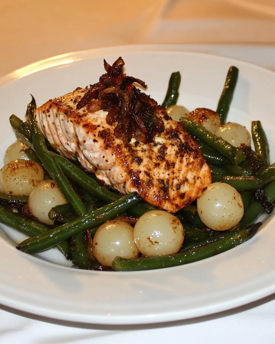 Homemade Green Beans with Pearl Onions and Salmon photo