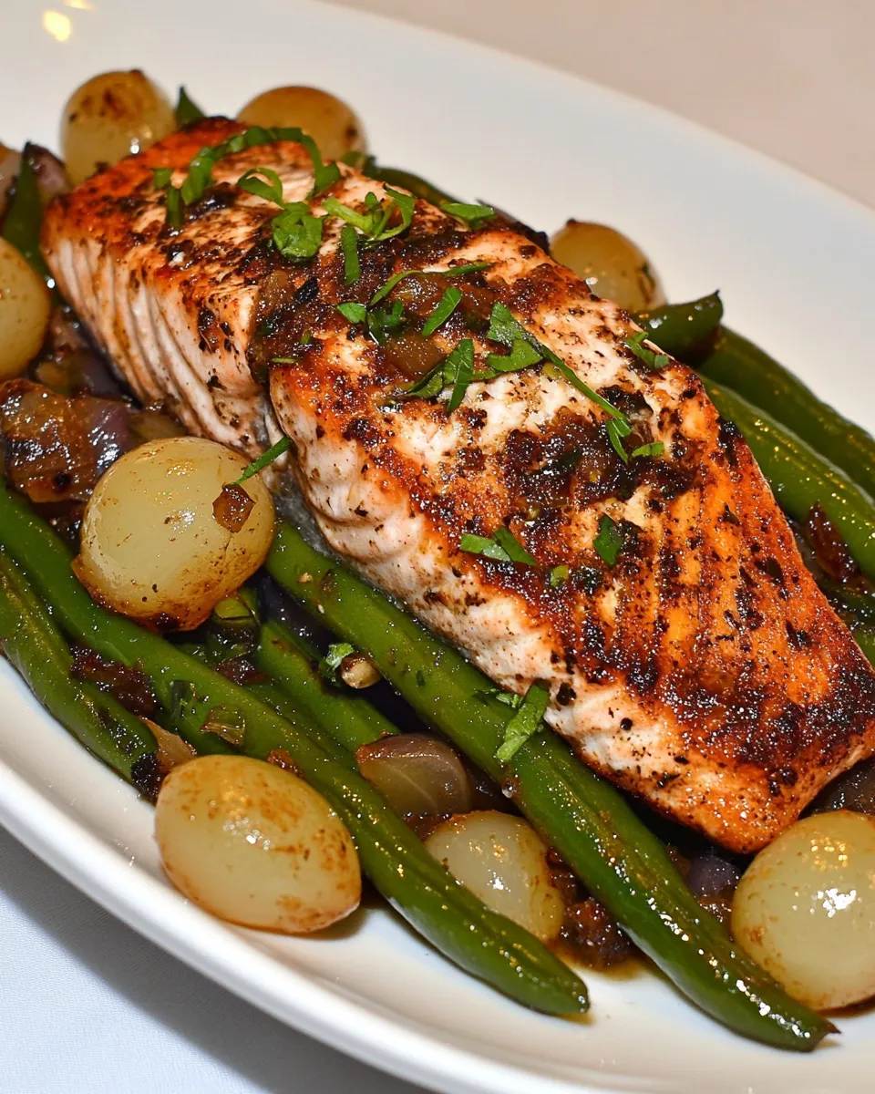 Classic Green Beans with Pearl Onions and Salmon image