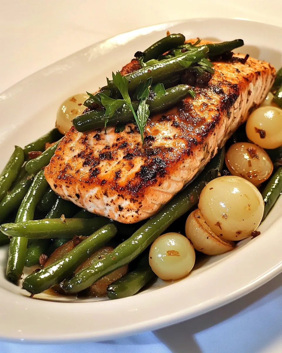 Easy Green Beans with Pearl Onions and Salmon recipe photo