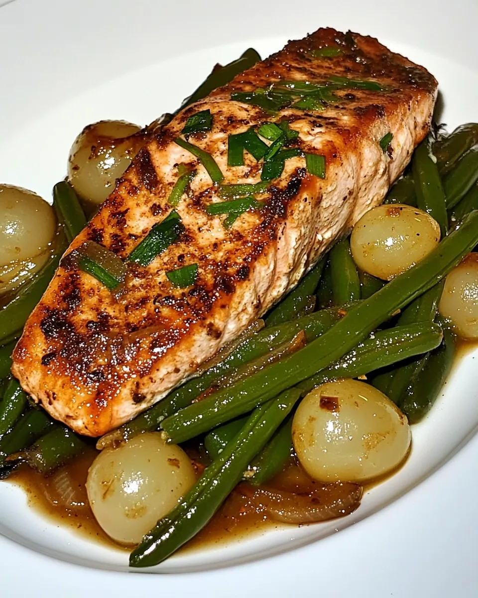 Delicious Green Beans with Pearl Onions and Salmon dish photo