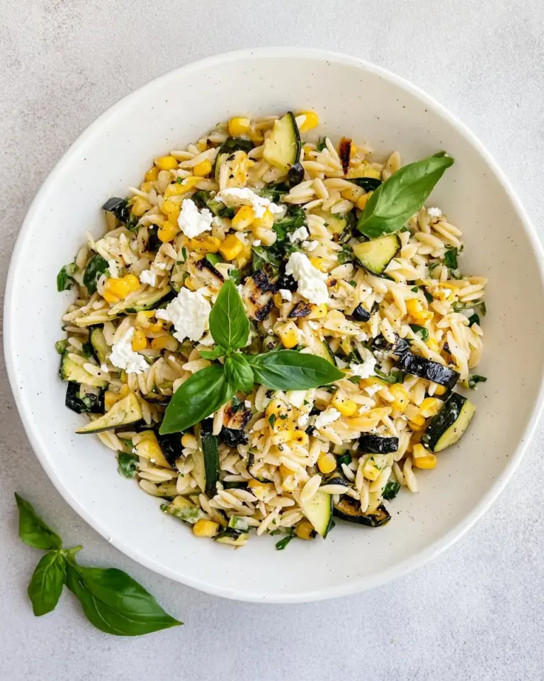Sweet Grilled Zucchini Corn Orzo Salad. recipe image