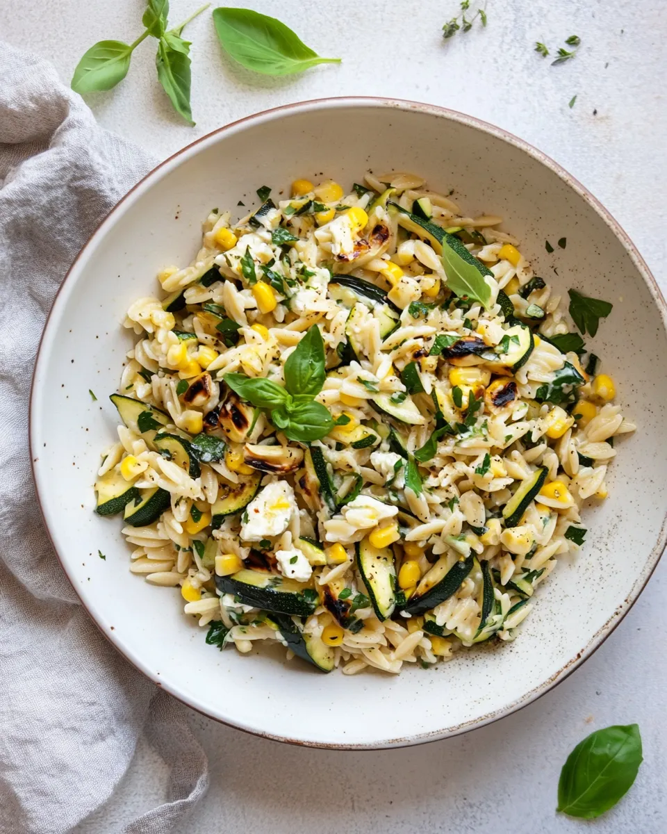 Amazing Grilled Zucchini Corn Orzo Salad. dish image