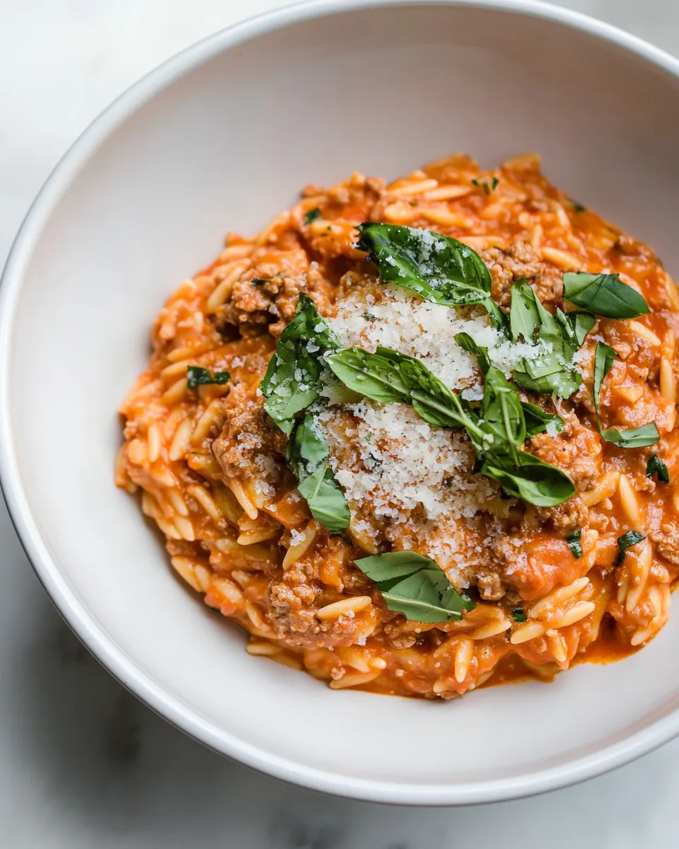 Easy Ground Beef Orzo with Tomato Cream Sauce shot