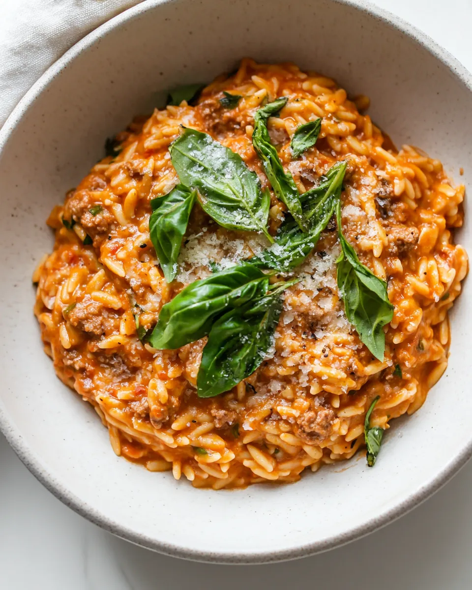 Delicious Ground Beef Orzo with Tomato Cream Sauce recipe image