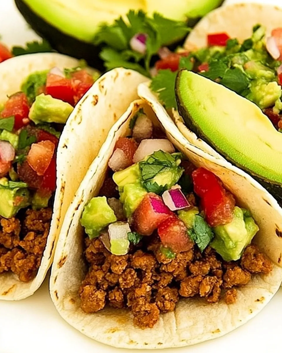 Quick Ground Turkey Tacos with Avocado Salsa food shot