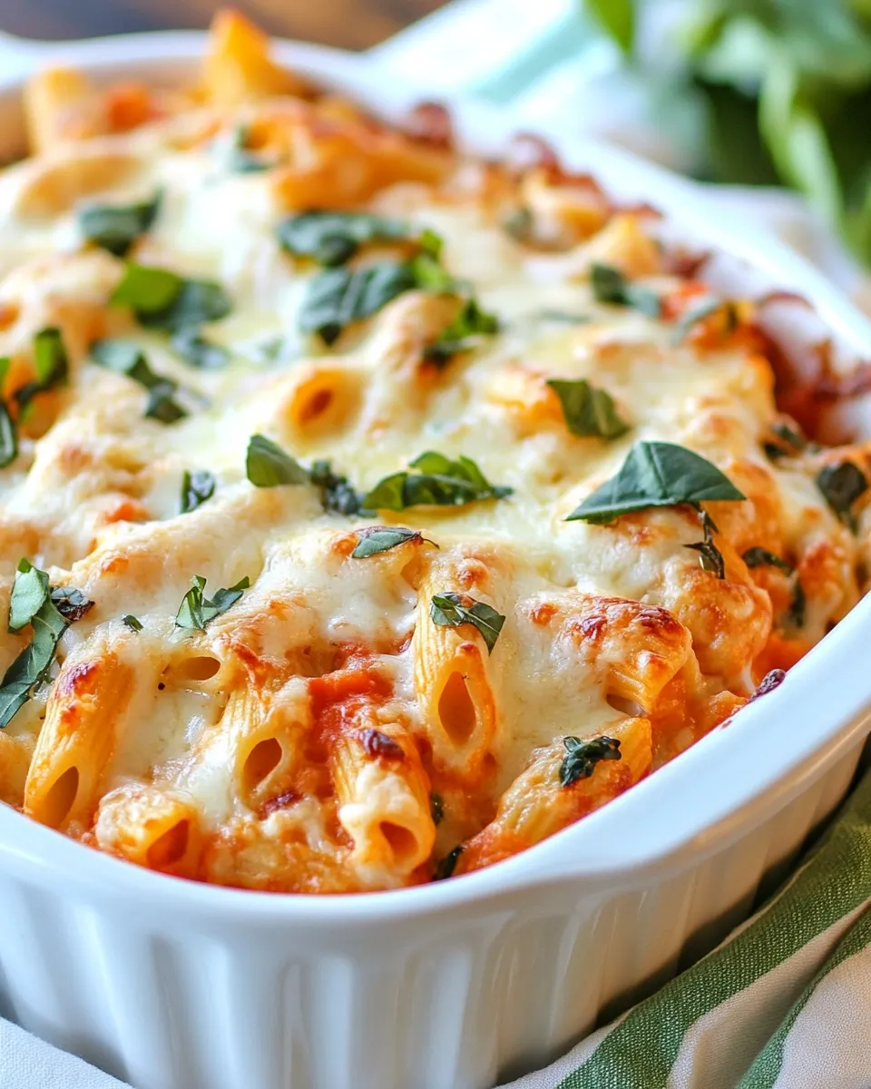 Savory Healthy Three-Cheese Chicken Penne Pasta Bake shot