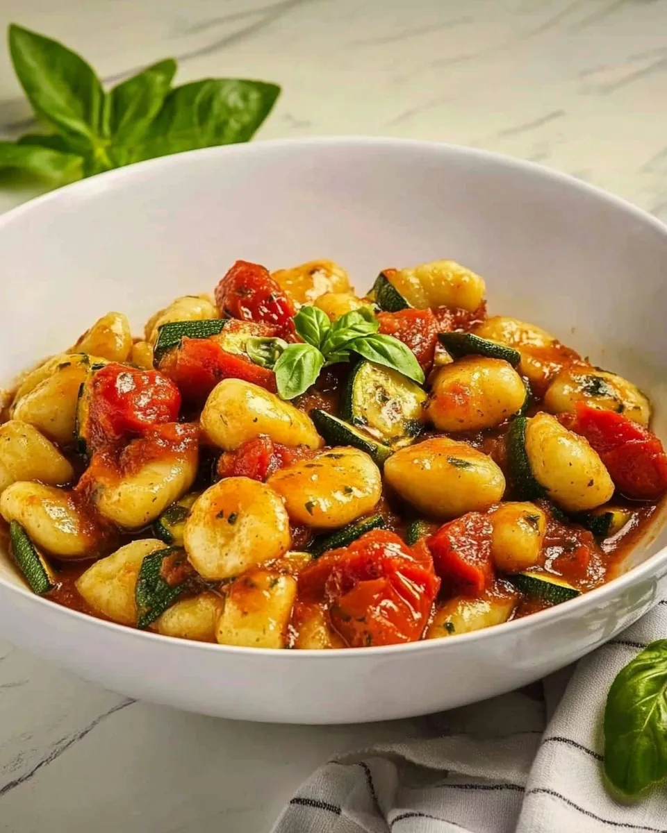Savory Homemade Zucchini Gnocchi in Rustic Tomato Sauce food shot