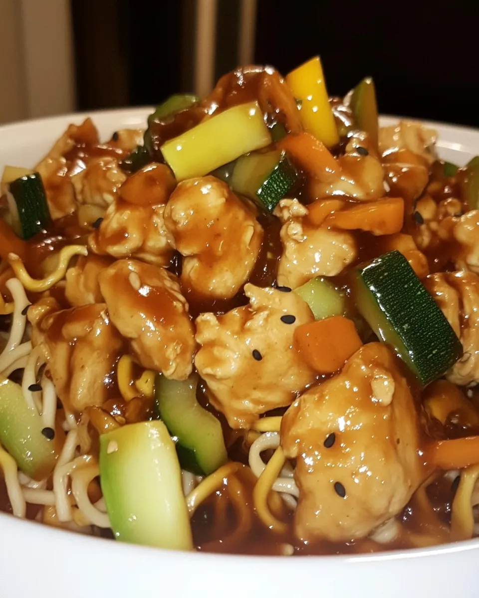 Homemade Hunan Chicken with Chow Mein Noodles and Vegetables photo