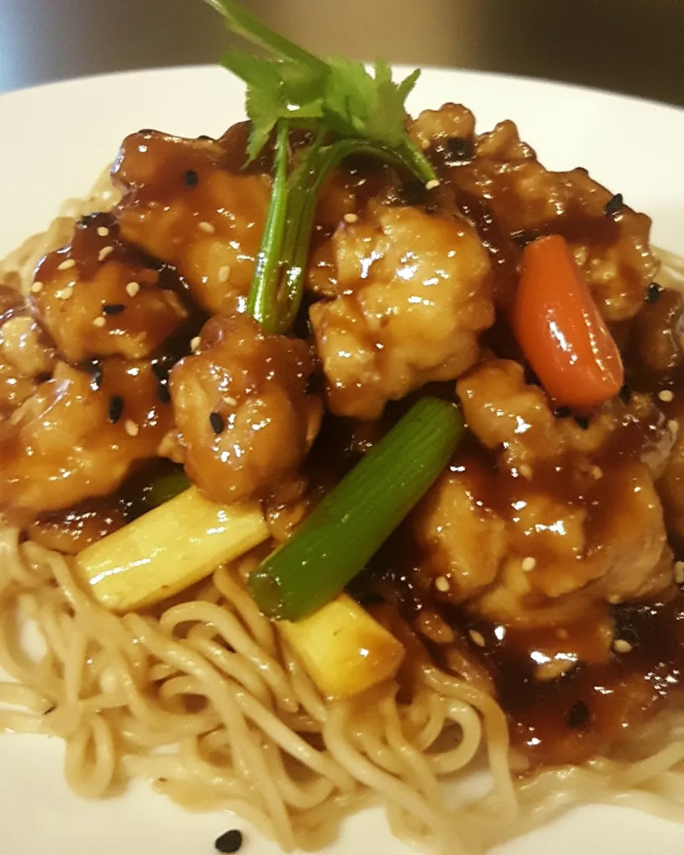Delicious Hunan Chicken with Chow Mein Noodles and Vegetables image