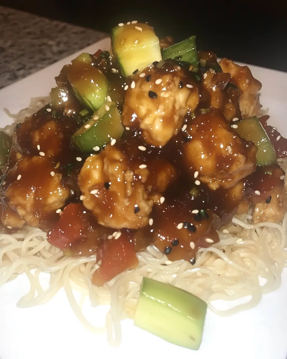 Savory Hunan Chicken with Chow Mein Noodles and Vegetables shot