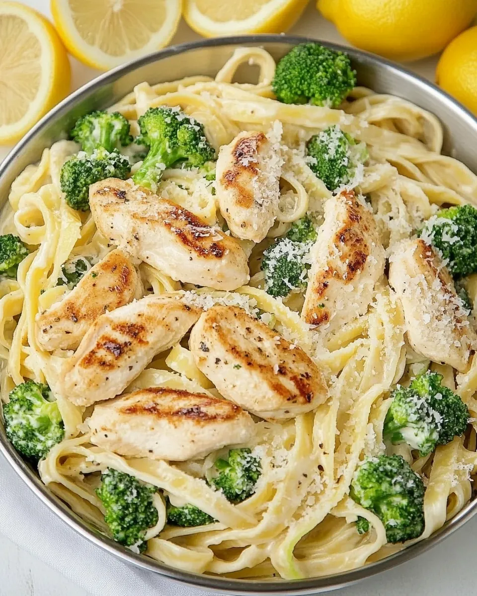 Classic Lemon Fettuccine Alfredo with Grilled Chicken and Broccoli image
