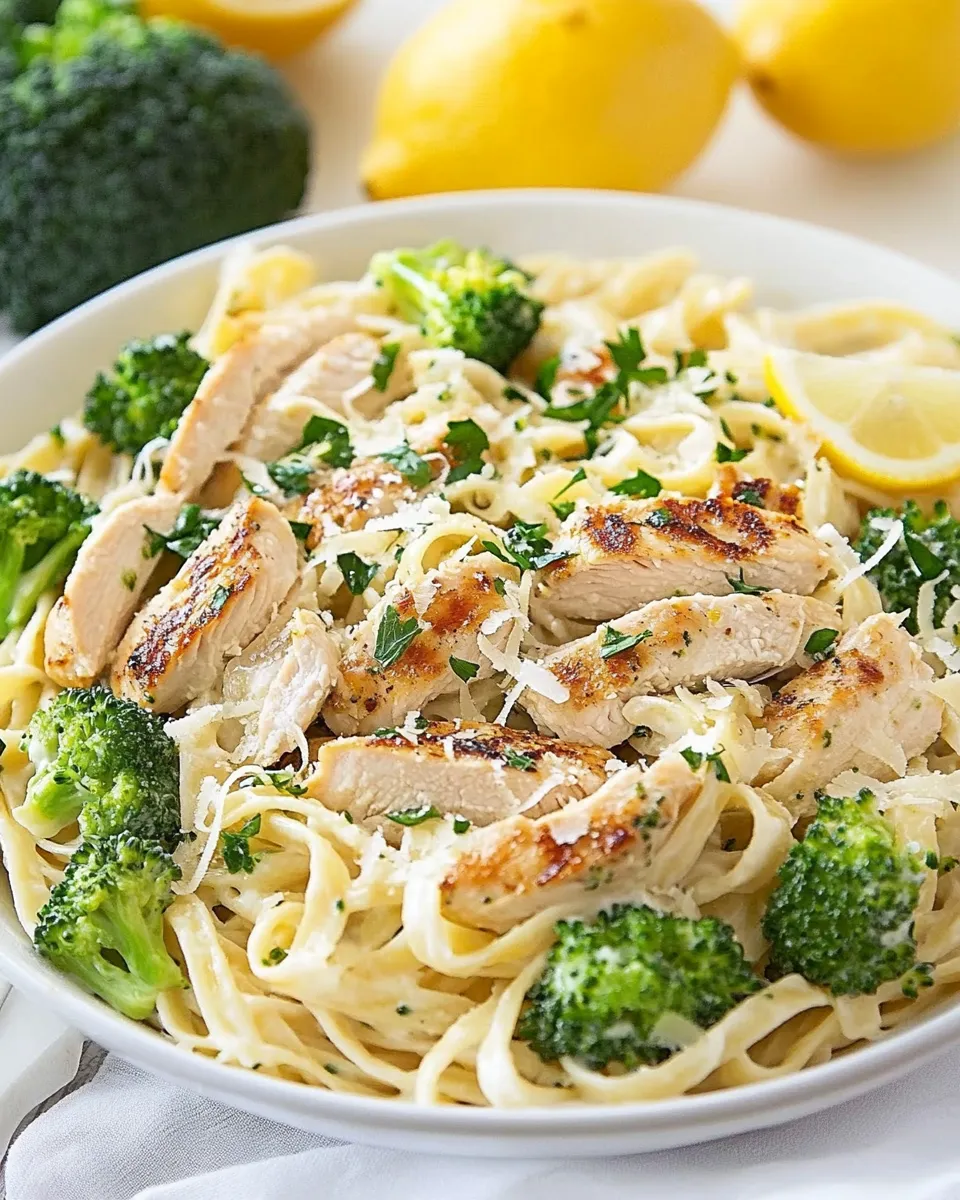 Delicious Lemon Fettuccine Alfredo with Grilled Chicken and Broccoli dish photo