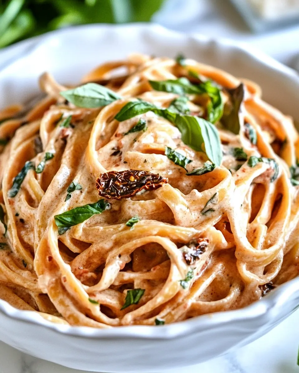 Homemade Lightened Up Sun-dried Tomato Fettuccine Alfredo photo