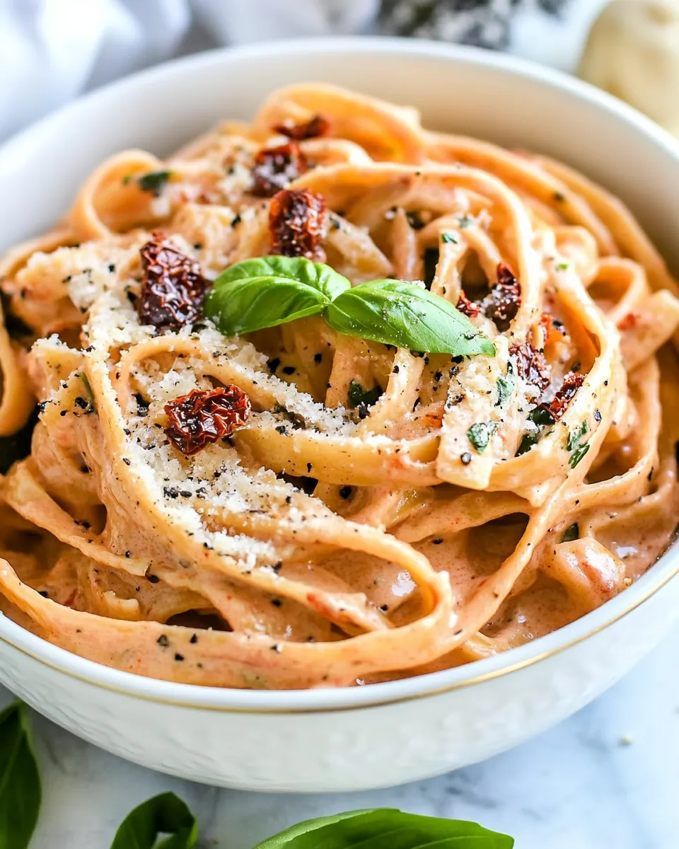 Delicious Lightened Up Sun-dried Tomato Fettuccine Alfredo shot