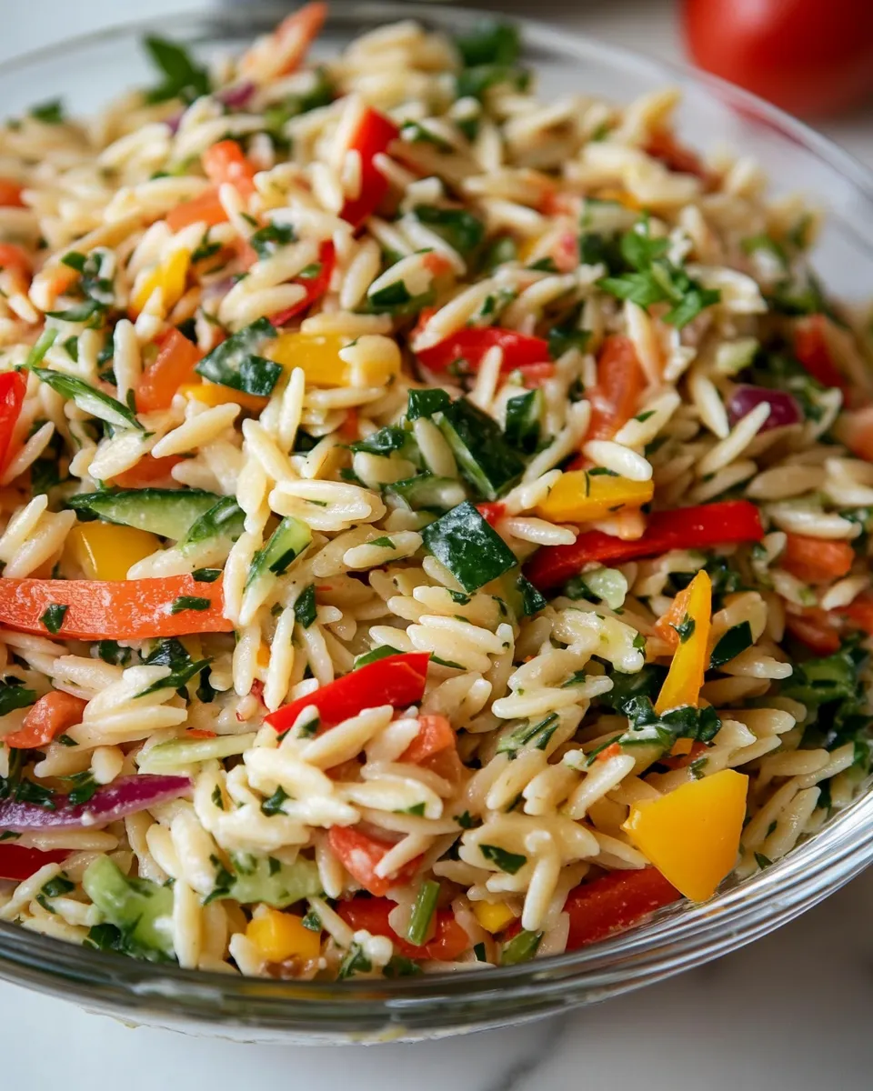 Savory Macro Friendly Veggie Orzo Salad shot