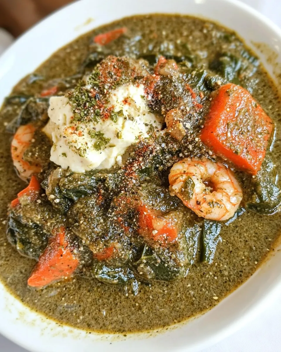 Homemade Matapa (Cassava Leaves & Shrimp Stew) food shot