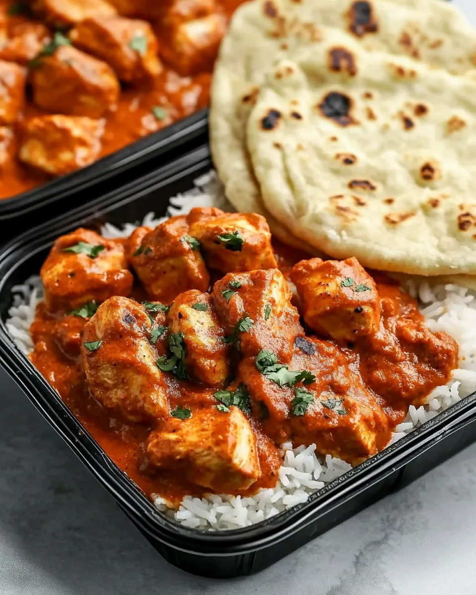 Savory Meal-Prep Butter Chicken with Rice and Garlic Naan dish photo