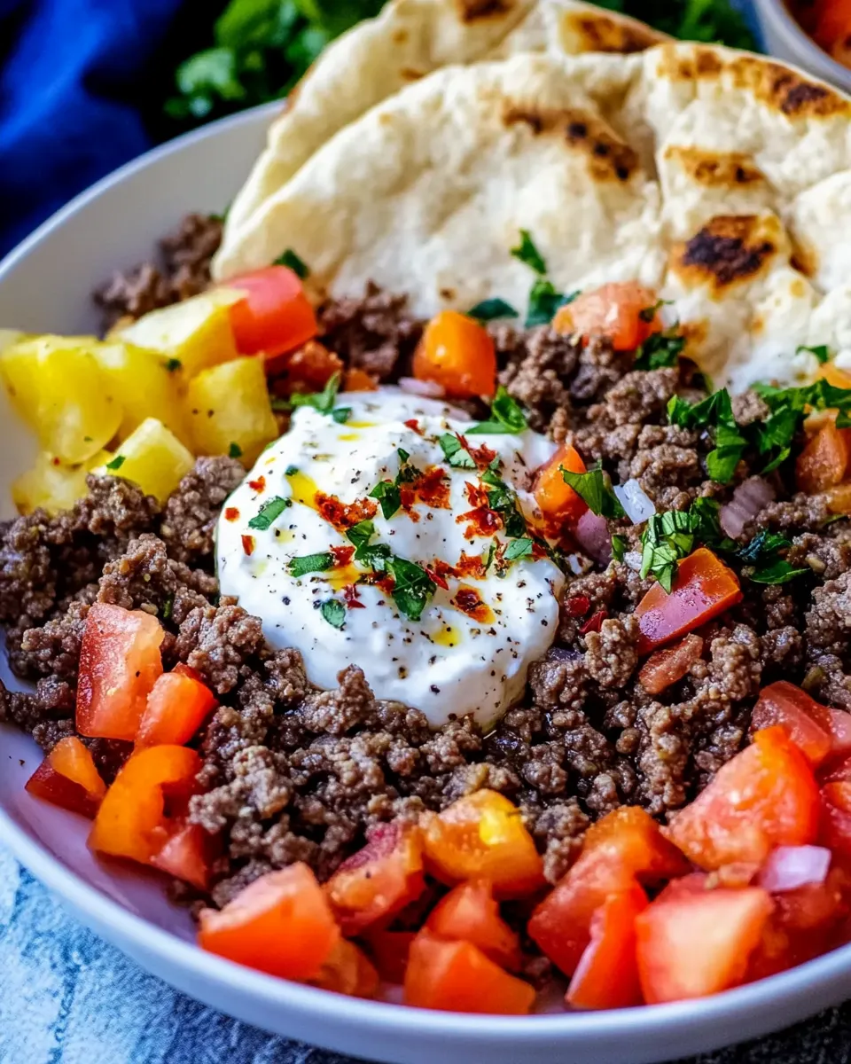 Easy Mediterranean Ground Beef And Yogurt Platter food shot