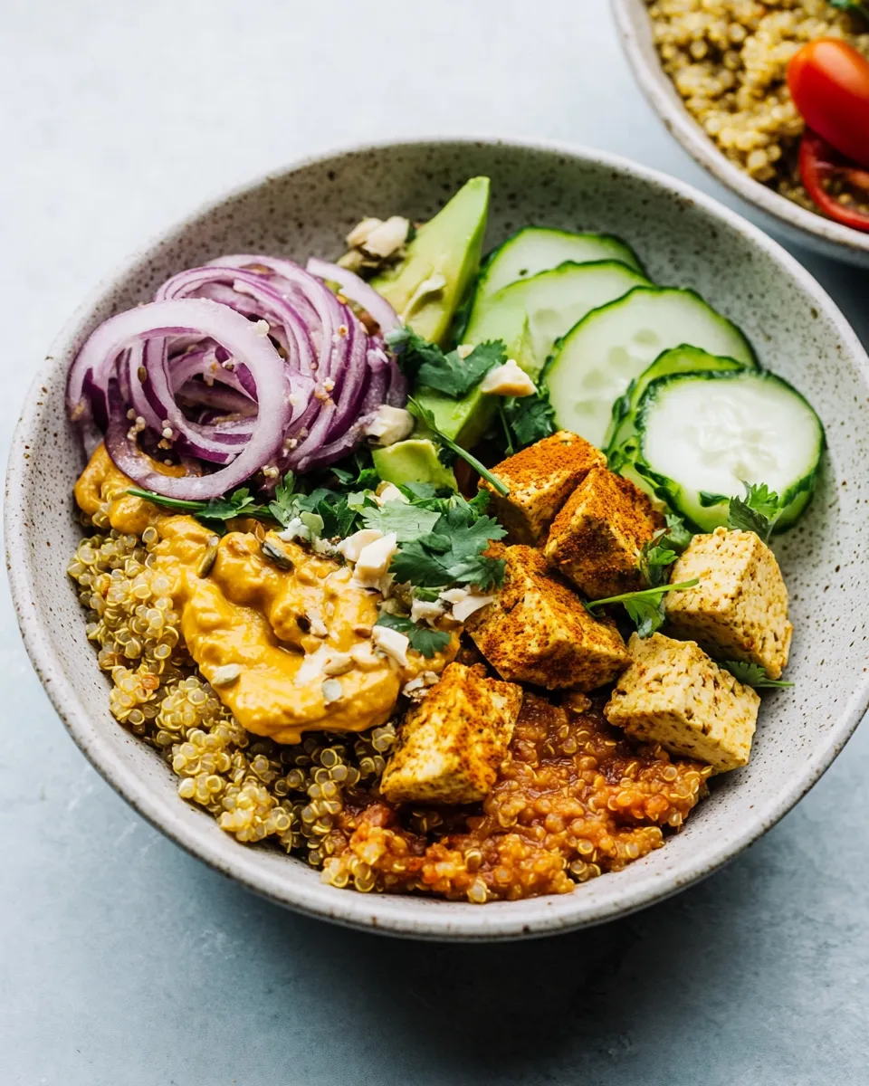 Easy Mediterranean Quinoa Bowls with Spiced Tofu food shot