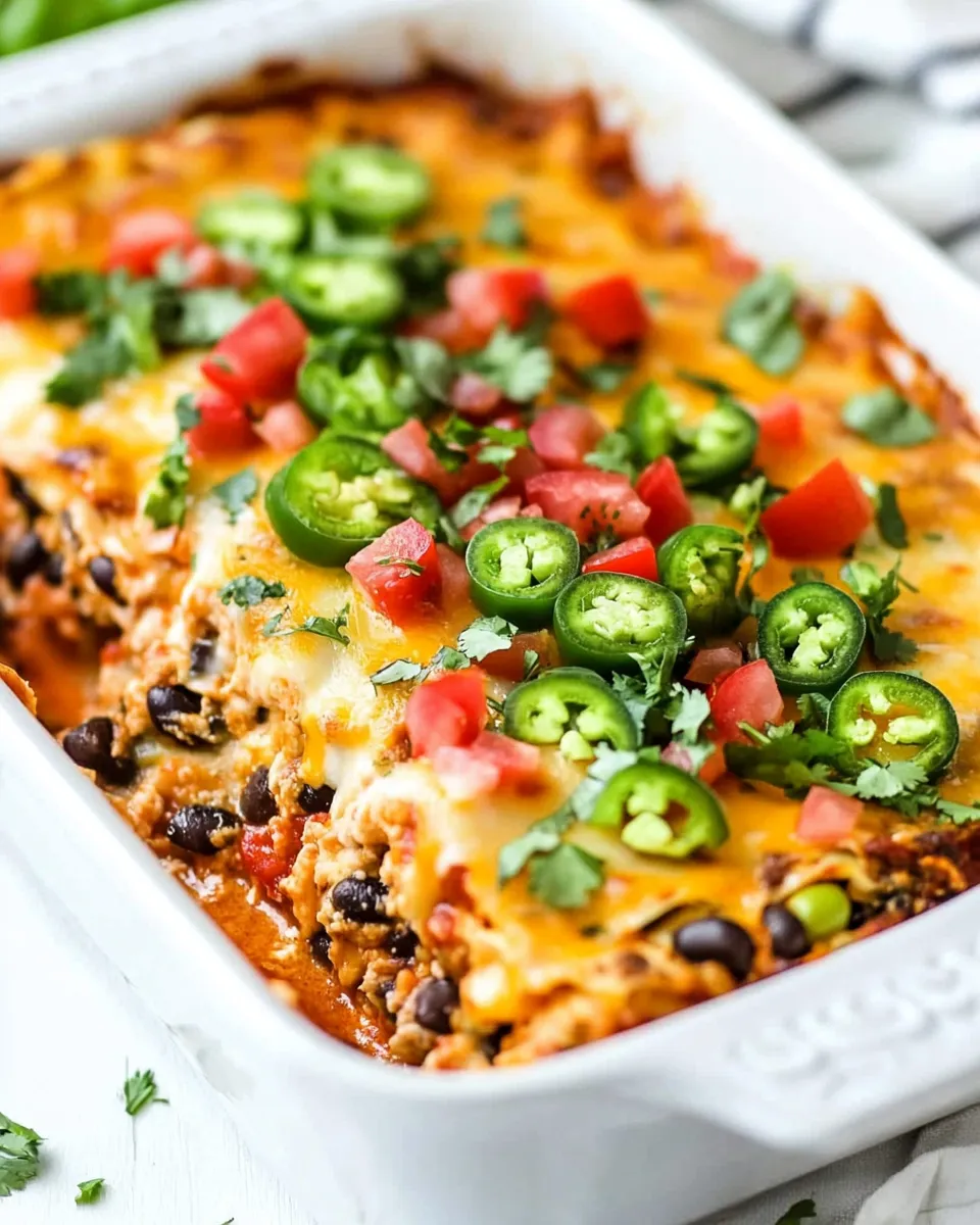 Delicious Mexican Lasagna with Tortillas food shot