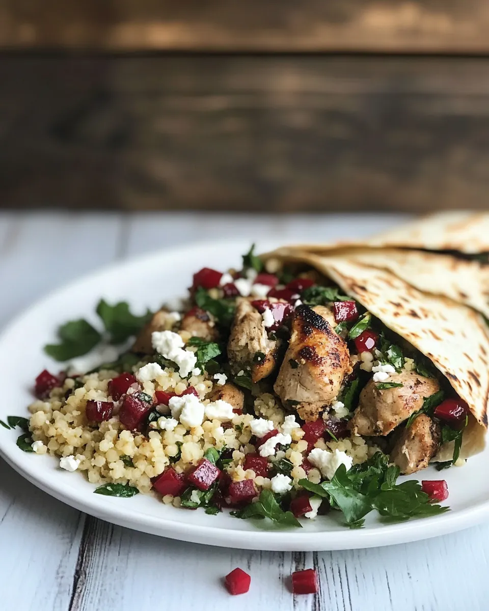 Delicious Middle Eastern Chicken and Couscous Wraps with Goat Cheese. plate image