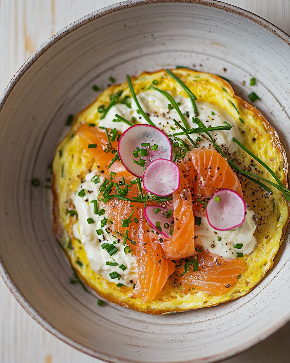 Homemade Omelette with smoked salmon & chives photo
