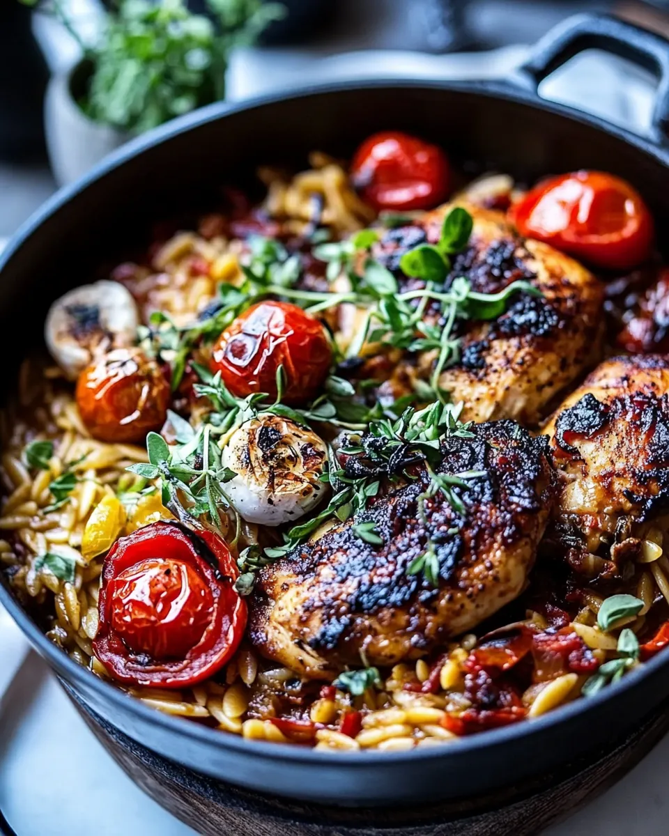 Healthy One-Pot Greek Oregano Chicken and Orzo with Tomatoes in Garlic Oil recipe photo