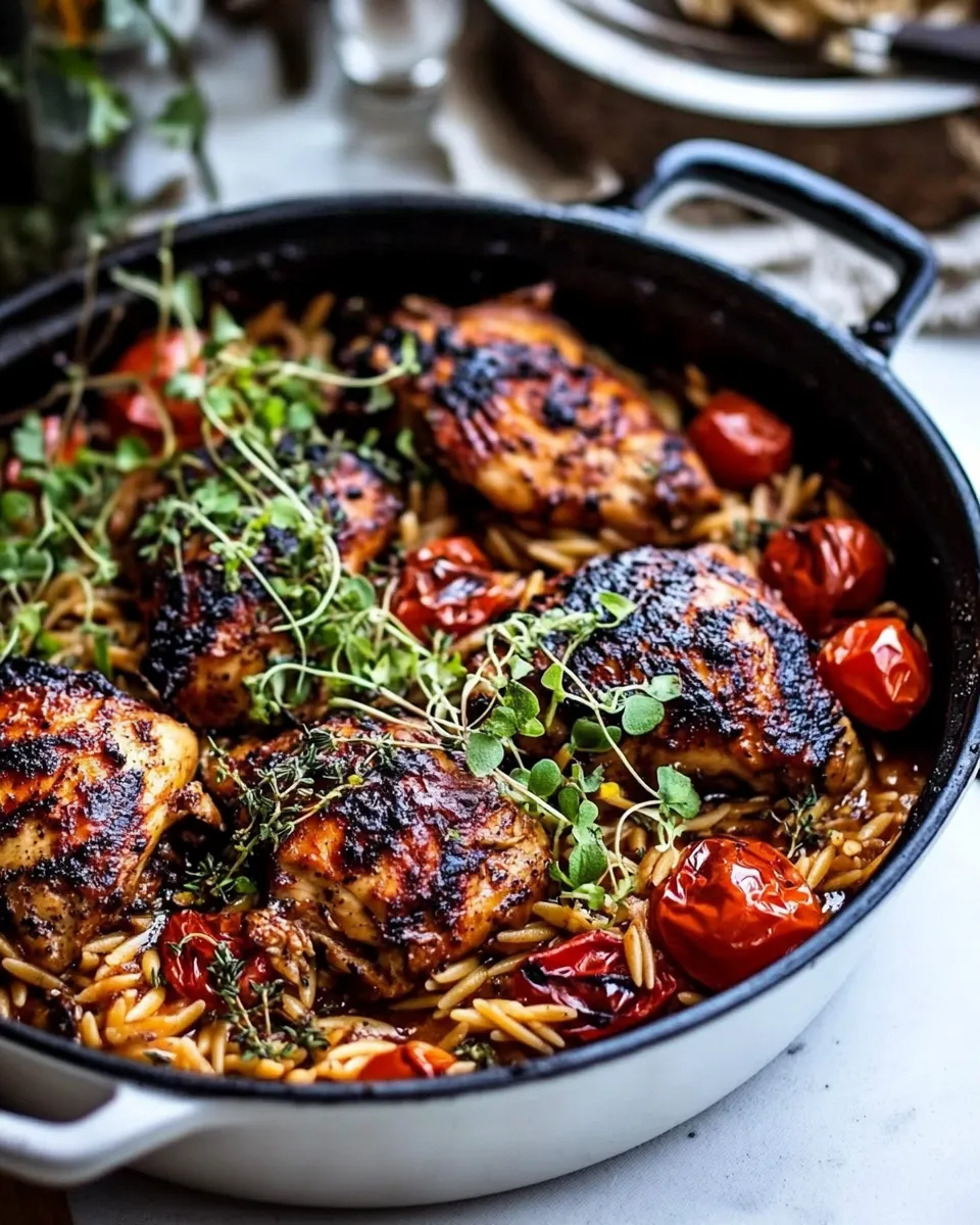 Quick One-Pot Greek Oregano Chicken and Orzo with Tomatoes in Garlic Oil shot