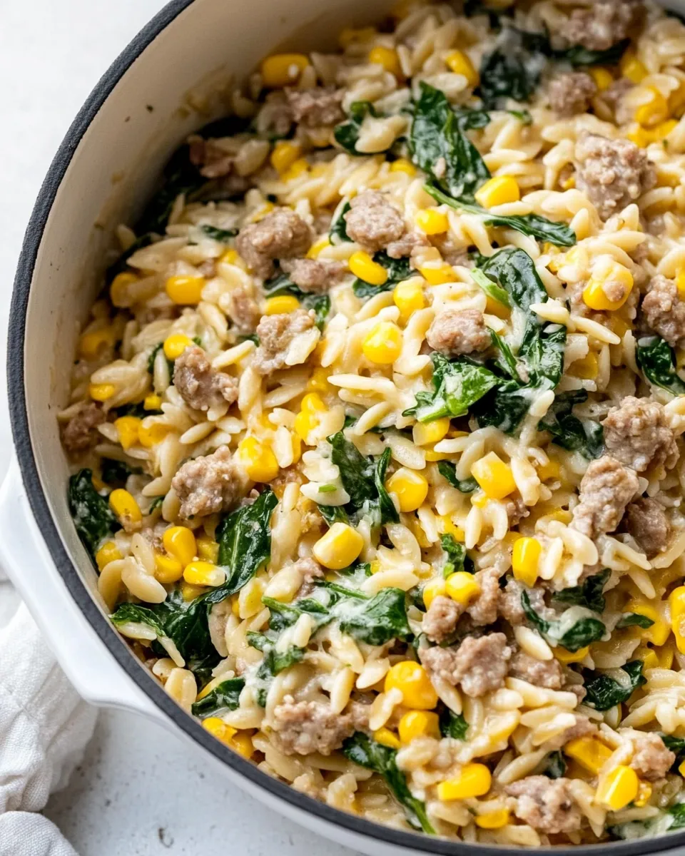 Delicious One-Pot Orzo with Sausage, Spinach and Corn recipe image