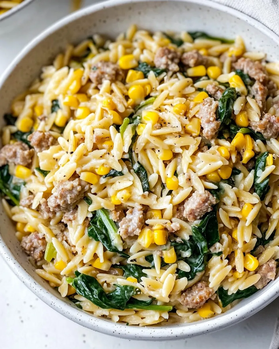 Healthy One-Pot Orzo with Sausage, Spinach and Corn dish photo