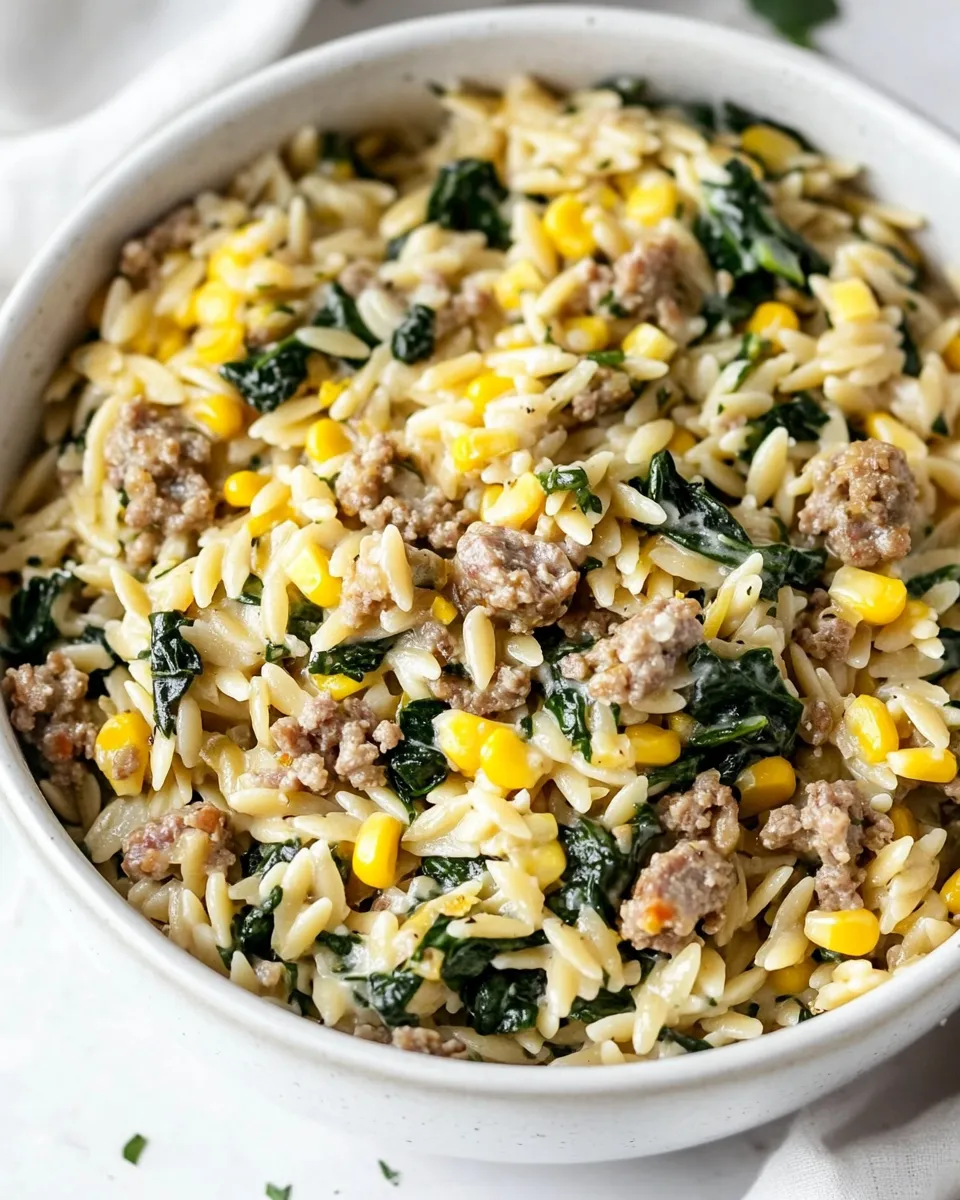 Best One-Pot Orzo with Sausage, Spinach and Corn food shot